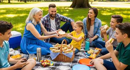 A happy multi-generational family enjoys a sunny picnic in a green park, sitting on a blanket. A grandmother is handing a sandwich to her granddaughter, while other family members eat and talk.の素材