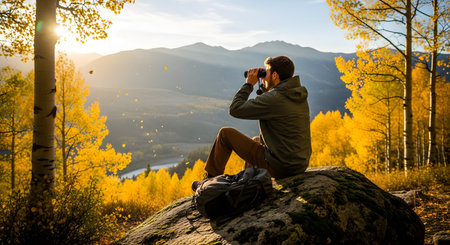 A male hiker sits on a rock using binoculars to observe the view in a stunning mountain landscape filled with golden autumn aspen trees. The scene is illuminated by the warm light of a sunset, emphasizing adventure and exploration.の素材
