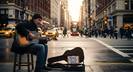 A street musician sits on a stool playing an acoustic guitar on a bustling city sidewalk with yellow taxis and red buses blurring in the background. His open guitar case displays a handwritten sign reading 'Music for the Soul'.の素材