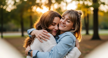 Two happy young women, close friends, share a warm, affectionate hug in a park at sunset. The golden hour light illuminates them as they smile with their eyes closed, showing a strong bond.の素材