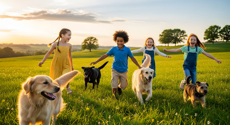 A group of happy, diverse children and several dogs run freely through a grassy green field at sunset. The children have their arms outstretched, smiling and laughing, embodying childhood joy, freedom, and friendship with pets.の素材