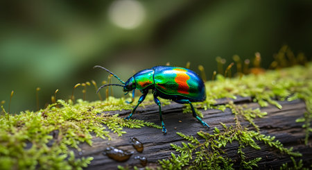 A stunning macro shot of an iridescent green and blue jewel beetle walking on a moss-covered log. The insect's metallic shell reflects light, contrasting beautifully with the soft green texture of the moss in a forest setting.の素材
