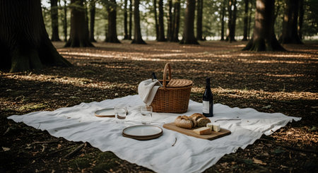 A charming picnic setup is arranged on a white cloth in a peaceful forest clearing. A wicker basket, a bottle of red wine, fresh bread, and cheese create an inviting atmosphere for a relaxing outdoor meal in nature.の素材