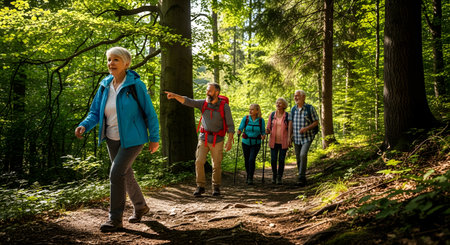 A group of five active seniors with backpacks and hiking poles enjoys a hike on a dirt trail through a sunlit green forest. The man in the lead is pointing at something ahead, and the group is smiling and talking.の素材