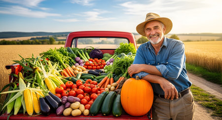 A smiling senior farmer leans against the back of a red pickup truck overflowing with fresh vegetables. The scene is set in a golden wheat field during harvest season, highlighting agricultural abundance.の素材