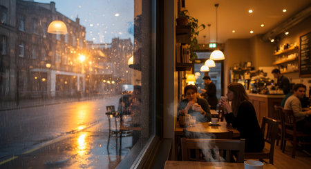 A view through a rain-streaked window looks into a warm and cozy cafe where people are seated at tables drinking coffee. The contrast between the wet, blurred street outside and the inviting, amber-lit interior creates a moody and relaxing urban atmosphere.の素材