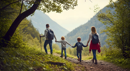 A family of four wearing backpacks walks along a dirt trail in a lush forest with mountains in the distance. The back view captures their shared adventure and love for outdoor exploration.の素材