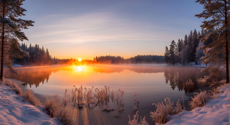 A stunning winter sunrise over a misty, frozen lake, with the golden sun reflecting on the calm water. The shoreline is covered in snow, with frost on the reeds and snow-covered pine trees framing the serene landscape.の素材