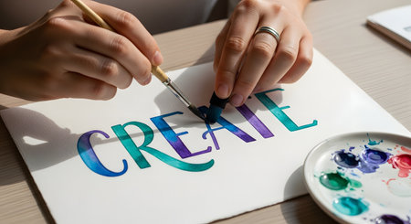 Close-up of hands using a fine brush to paint the word CREATE in colorful watercolor calligraphy on textured paper. The image captures the artistic process with a palette of paints visible on the side.の素材