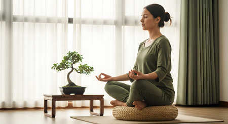 A serene woman sits in a lotus position on a cushion, meditating in a bright, minimalist room next to a bonsai tree. The image conveys peace, mindfulness, and a healthy lifestyle.の素材