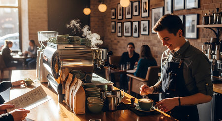 A smiling barista carefully pours milk to create latte art in a green cup while a customer looks at a menu at the counter. The coffee shop is warm and busy, with an espresso machine and other customers in the background.の素材