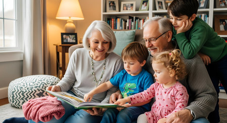 A loving pair of grandparents read a large picture book to their three young grandchildren in a cozy living room. The grandmother holds the book while the grandfather sits with two children on his lap and another boy leans over his shoulder. The family is smiling and engaged in the story.の素材