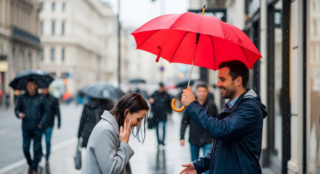 A smiling man holds a large red umbrella over a woman to shelter her from the rain on a city street. The woman is smiling and looking down, while the man looks at her kindly. The street is wet and other people are in the background, some with their own umbrellas.の素材