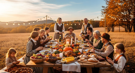 A large, multi-generational family dressed in rustic clothing enjoys a festive outdoor feast at a long wooden table. The table is laden with a roast turkey, pumpkins, and bread, set in a golden field during autumn. This image represents Thanksgiving, family, togetherness, and celebration.の素材