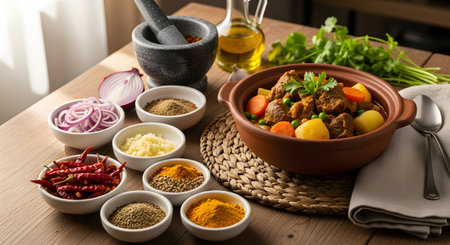 A rich, hearty meat stew in a clay pot, surrounded by a vibrant array of fresh ingredients and spices on a wooden table. Small bowls hold turmeric, chili powder, cumin, and chopped garlic, alongside fresh cilantro, red onions, and a mortar and pestle. This setup captures the essence of preparing an aromatic Indian or Asian curry.の素材