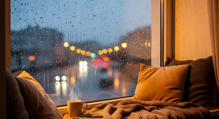 A cozy and warm window seat on a rainy day, looking out at blurred city lights and traffic through a rain-streaked window. A steaming mug of a hot drink rests by a soft blanket and comfortable pillows, evoking feelings of comfort, relaxation, and hygge.の素材
