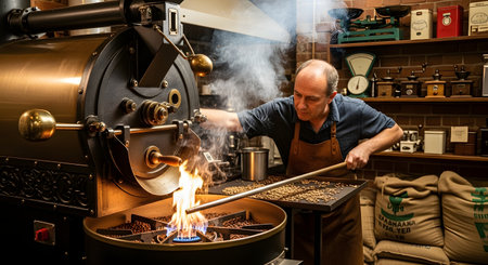 A male artisan coffee roaster in a leather apron inspects fresh coffee beans in a large, traditional roasting machine, which has flames visible. Steam rises from the hot beans as he uses a metal trier to pull a sample, surrounded by bags of coffee and vintage scales.の素材
