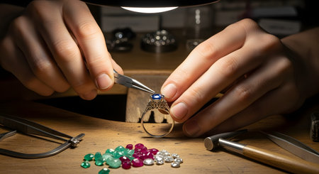Close-up of a jeweler's hands using precision tweezers to set a blue sapphire gemstone into a silver ring setting. The workbench is scattered with tools and loose gems, showcasing the detailed craftsmanship of jewelry making.の素材
