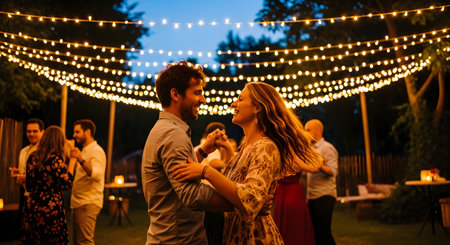A happy, smiling couple dances closely in a backyard at dusk, illuminated by strings of warm fairy lights. Other people are blurred in the background, enjoying the garden party atmosphere.の素材