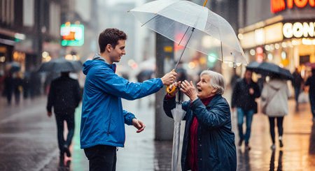 A kind young man in a blue jacket offers a clear umbrella to an elderly woman on a rainy city street. The woman looks surprised and grateful as she reaches for the umbrella, while other pedestrians with their own umbrellas walk by in the blurred background. This image captures a moment of kindness, generosity, and helping others.の素材