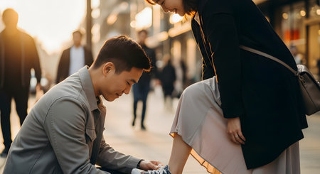 A caring man kneels on a city pavement to tie the shoelace of a smiling woman during a golden sunset. The scene captures a moment of affection, chivalry, and connection between a couple in an urban setting.の素材