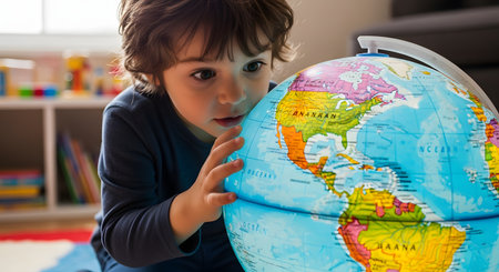 A close-up of a curious young boy intently studying a colorful globe of the world. His hand is resting on the globe as he focuses on the continents. The image conveys concepts of learning, curiosity, geography, and childhood education.の素材