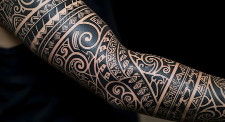 A detailed close-up of a person's arm featuring an intricate black ink tribal tattoo sleeve. The design incorporates geometric patterns, swirls, and traditional motifs, highlighting the art of body modification.の素材