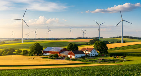 A scenic rural landscape featuring a modern farmhouse with solar panels on the roof, set amidst golden fields and pastures. In the background, numerous wind turbines spin against a blue sky, symbolizing renewable energy and. sustainable agriculture.の素材