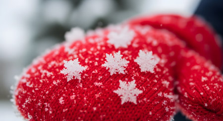 A close-up macro shot of a red knitted mitten covered in distinct, intricate white snowflakes. The image highlights the texture of the wool and the delicate crystalline structure of the snow, evoking the feeling of a cold winter day.の素材
