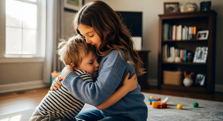 Two young siblings share a warm, affectionate hug while sitting on the carpet in a cozy living room. Sunlight streams in through the window, highlighting their bond and the peaceful domestic atmosphere.の素材