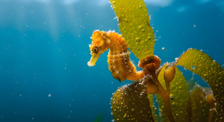 A vibrant yellow seahorse is captured in a close-up underwater shot, its tail curled around a stem of green seaweed. The creature is set against a clear blue water background, with sunlight filtering down and highlighting small bubbles on the seaweed.の素材