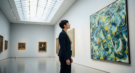 A woman in a dark blazer stands in a spacious, skylit art gallery, gazing intently at a large, colorful abstract painting. Other framed artworks hang on the white walls in the background, creating a contemplative museum atmosphere.の素材