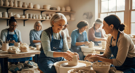 A diverse group of people participates in a pottery workshop, with a focus on an older woman smiling as she shapes clay on a wheel. The bright studio setting fosters a sense of community, learning, and artistic expression across generations.の素材