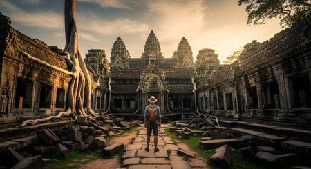 A male traveler with a backpack stands facing the majestic ruins of an ancient stone temple, where massive tree roots have grown over the walls. The scene is illuminated by the warm glow of sunset, emphasizing exploration and historical mystery.の素材