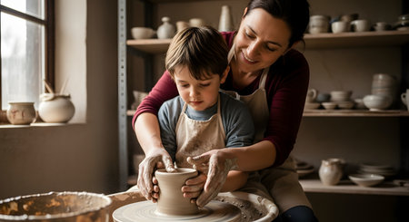 A smiling woman helps a young boy shape a clay pot on a potter's wheel. Their hands are covered in clay as they work together in a rustic pottery studio, with shelves of finished ceramics in the background. This image captures a moment of creative bonding, learning, and mentorship.の素材