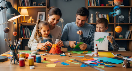 A happy family of four, including a mother, father, daughter, and son, sits at a wooden table doing arts and crafts. They are building a model volcano, cutting colored paper, and drawing a dinosaur. The room is a cozy study with bookshelves in the background.の素材