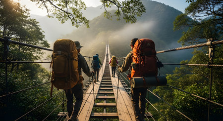Back view of hikers with large backpacks crossing a long wooden suspension bridge over a lush valley. The scene is set in a misty, mountainous environment, highlighting adventure, exploration, and the beauty of the wild.の素材