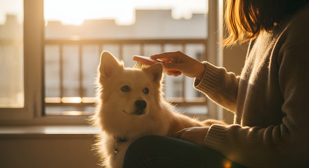 A woman in a cozy sweater sits indoors by a window, gently brushing a fluffy, light-colored dog. The warm sunlight streams in, creating a backlit, serene, and gentle atmosphere. This shows a moment of pet care, bonding, and domestic life.の素材