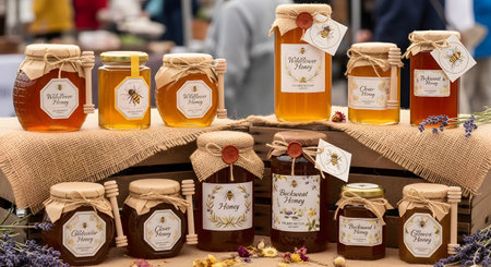 A display of various glass jars filled with golden honey, featuring labels like 'Wildflower' and 'Clover', arranged on wooden crates covered in burlap. The setup suggests a farmers market or organic food store offering natural, locally sourced products.の素材