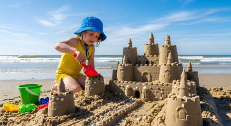 A cute little girl wearing a blue hat and yellow swimsuit builds an elaborate sandcastle on a sunny beach. She uses a red shovel to add sand to the fortress, with the blue ocean and sky in the background, capturing the joy of a summer vacation.の素材