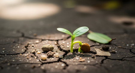 A macro shot of a single green sprout emerging from dry, cracked soil, symbolizing new life and hope. The resilient seedling, with two small leaves, pushes up from the barren ground, with its seed casing visible.の素材