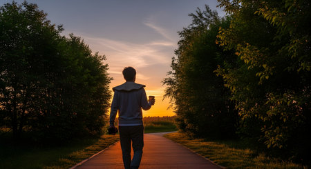 A man walks away from the camera along a paved path in a park, holding a coffee cup as the sun rises between the trees. The image conveys a sense of peaceful morning routine, contemplation, and enjoying the beauty of a new day.の素材