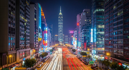 A stunning view of the Taipei city skyline at night featuring the iconic Taipei 101 skyscraper and light trails from busy traffic. The urban landscape is illuminated with neon lights and modern architecture, showcasing a vibrant metropolis.の素材