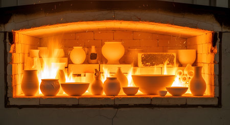 A blazing hot kiln is filled with various pieces of pottery, including vases, bowls, and pots. The intense orange flames and heat are visible, capturing a crucial stage of the ceramic firing process. This image represents pottery, craft, and the transformation process.の素材