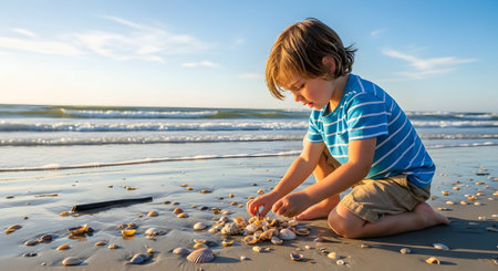 A young boy kneels on the wet sand of a sunny beach, intently collecting seashells near the ocean waves. The image captures a moment of childhood discovery and summer vacation fun.の素材