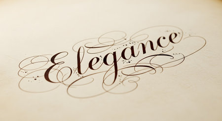 The word "Elegance" written in sophisticated, decorative calligraphy script with intricate flourishes on a textured beige paper background. The design exudes a sense of luxury, style, and artistic craftsmanship.の素材