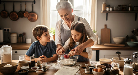 A loving grandmother teaches her two grandchildren, a boy and a girl, how to bake in a cozy, rustic kitchen. She guides the girl's hands as they measure flour into a glass bowl. Ingredients and a recipe are laid out on the counter, capturing a warm moment of family bonding and learning.の素材