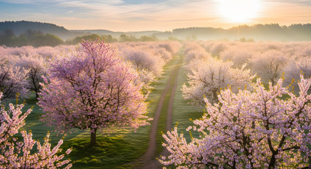 A breathtaking orchard of pink blossoming trees, likely cherry or apple, during a misty sunrise. A dirt path runs down the center between the rows of trees. The rising sun casts a warm, golden glow over the scene, highlighting the vibrant pink flowers.の素材