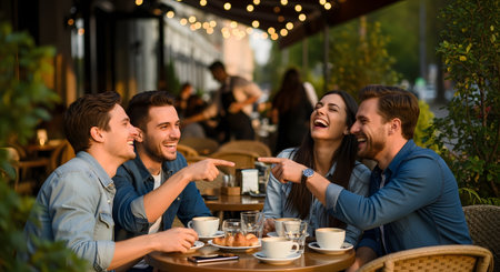 A group of four young friends laughs heartily at an outdoor cafe table, with some playfully pointing fingers. The sunny urban setting and genuine expressions convey joy and strong friendship.の素材