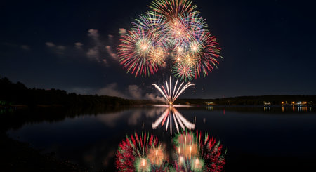 A spectacular display of colorful fireworks explodes in the night sky over a calm lake. The vibrant bursts of red, green, and white are perfectly reflected in the still water, creating a beautiful, symmetrical image of celebration.の素材